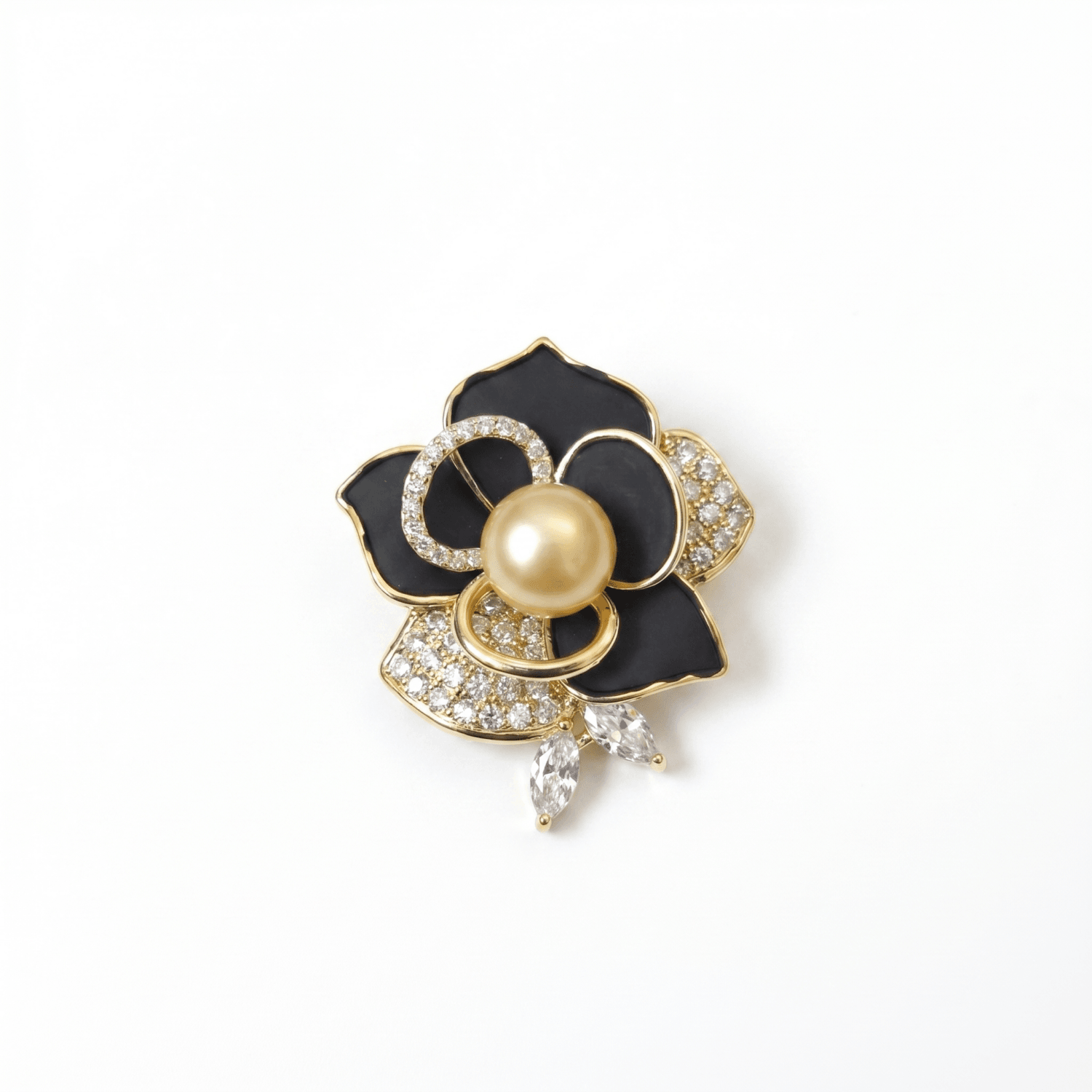 Stunning Black Rose Flower Brooch with Peach Button Pearl & CZ