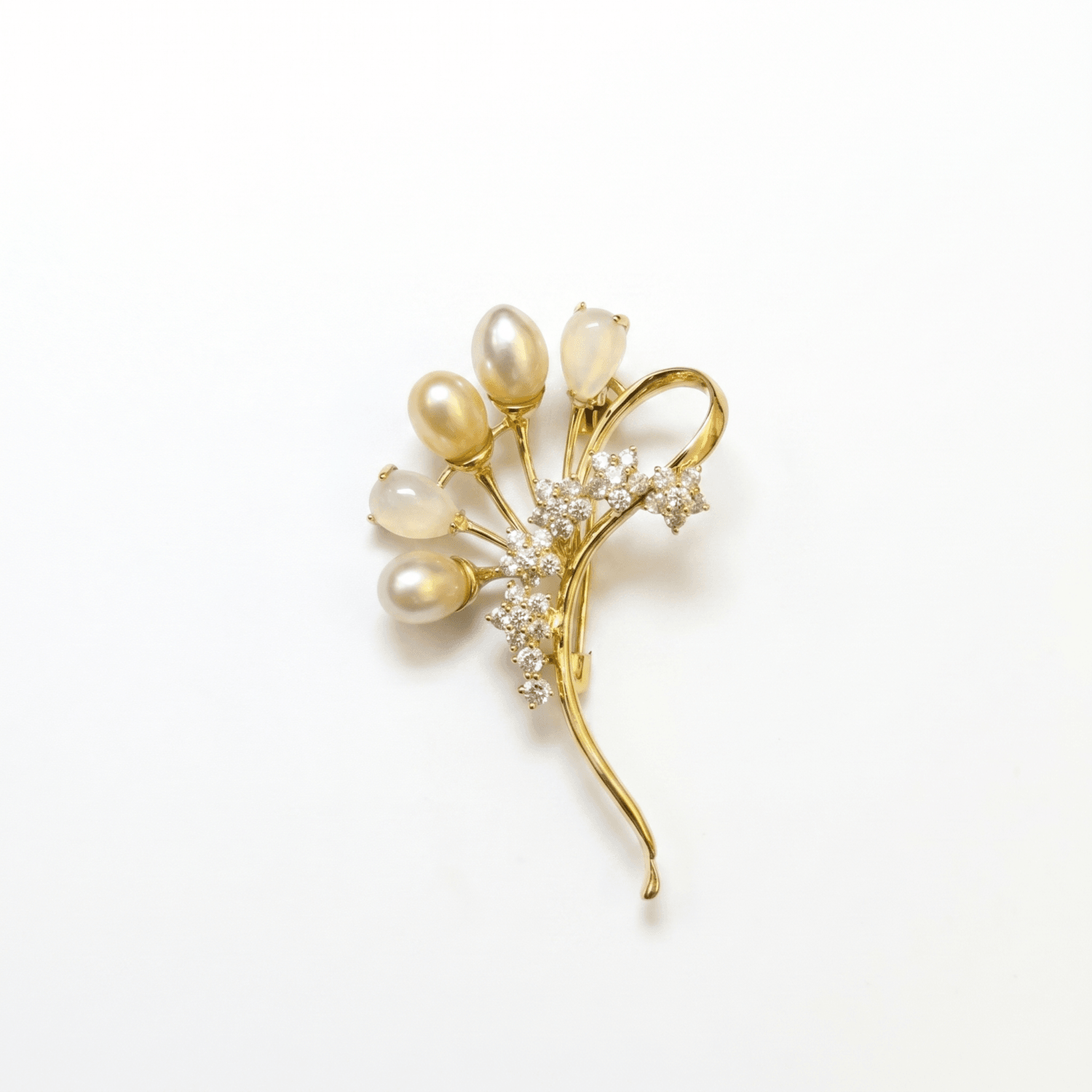 Traditional Golden Finish Floral Brooch with Oval Pearls & CZ
