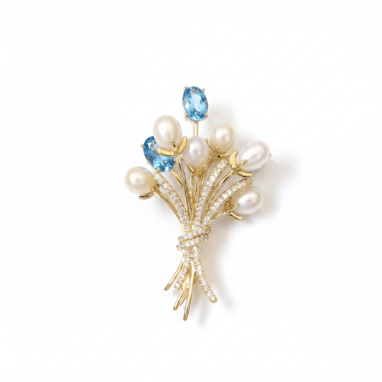 Elegant White Oval Pearl Bouquet Brooch With CZ & SP Aquamarine