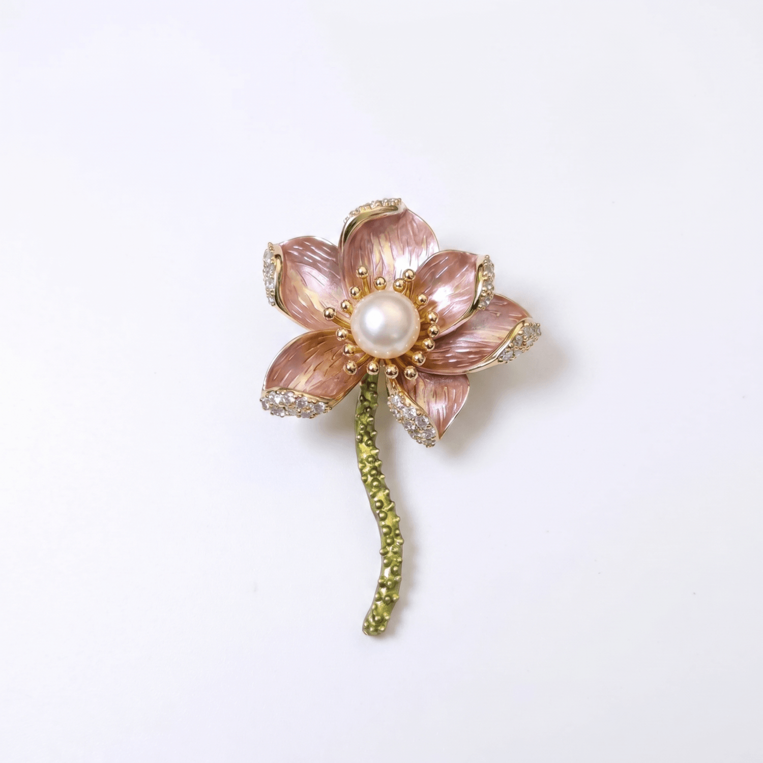 Beautiful White Button Pearl Brooch With Enameled Flower & CZ