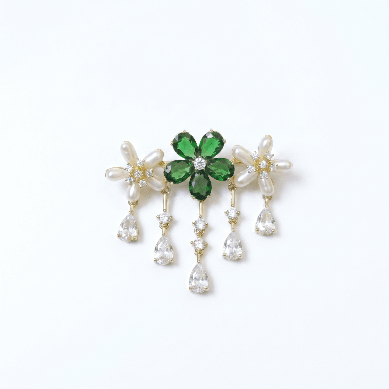 Gorgeous Floral White Oval Pearl Brooch With CZ & SP Emeralds
