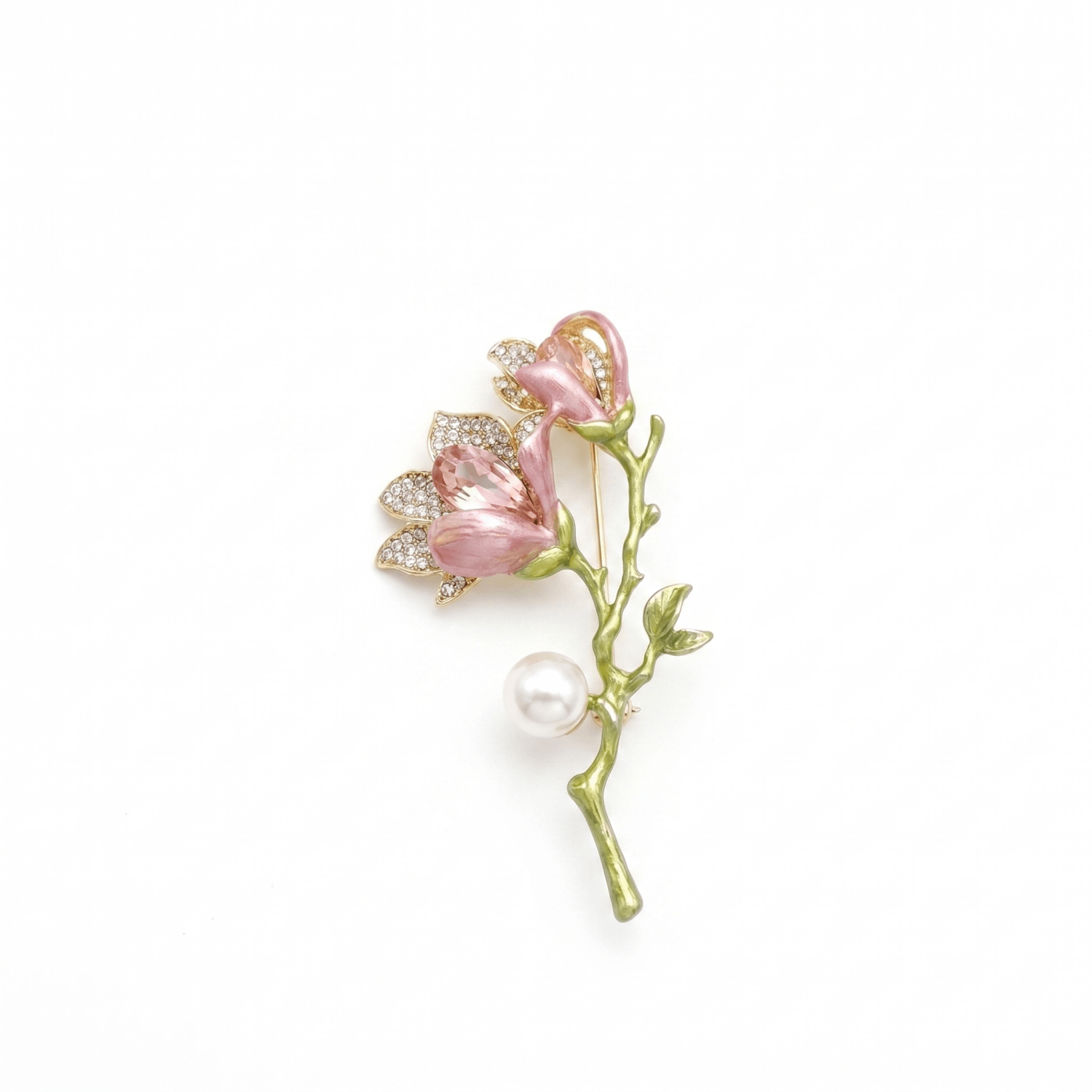 Lovely White Button Pearl Brooch With Enameled Flowers & CZ