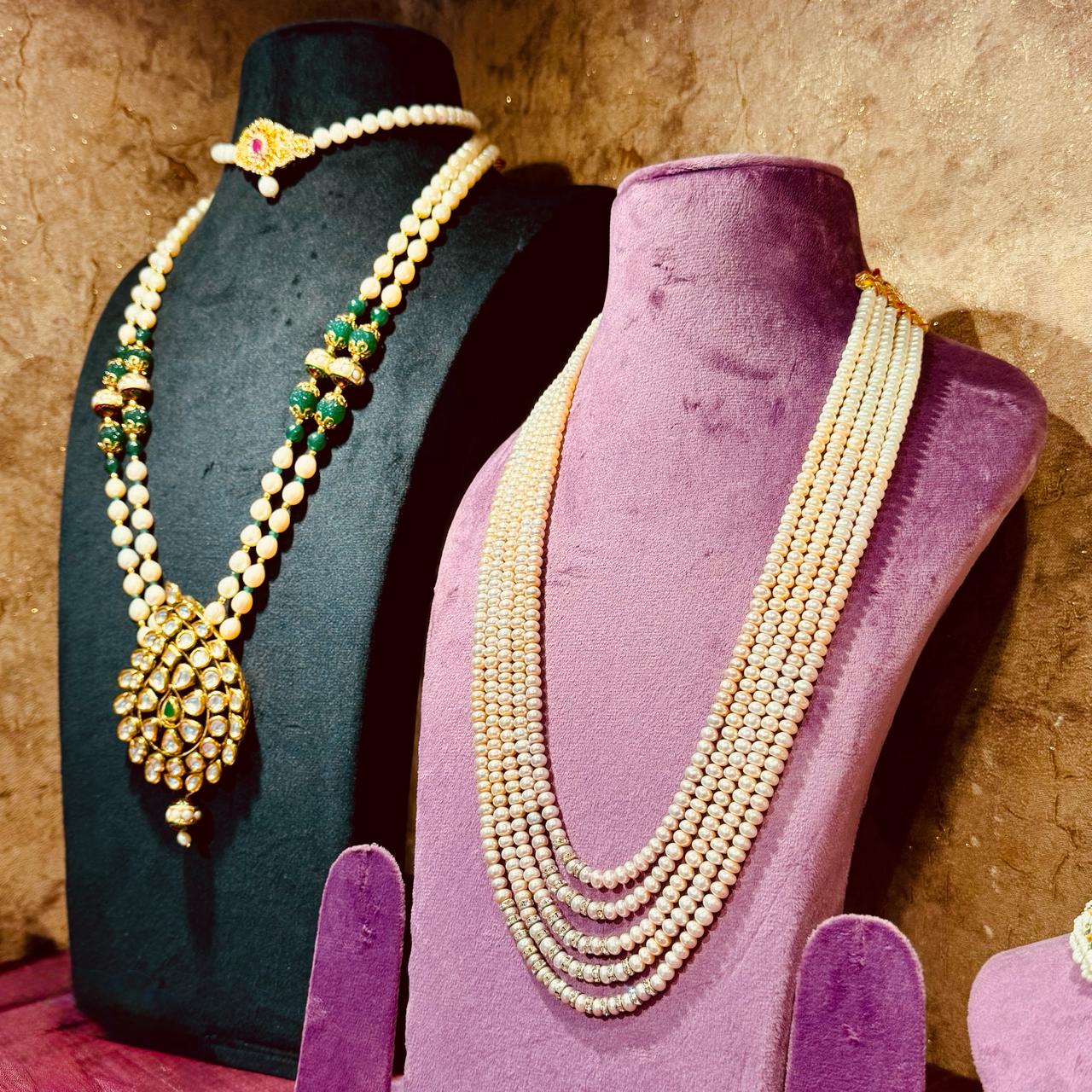 Pearl necklace display at Pure Pearls Chennai boutique