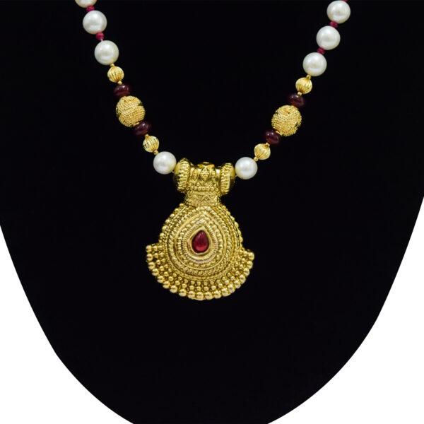 Pearl Necklace in Traditional Temple Jewellery Pendant - close up