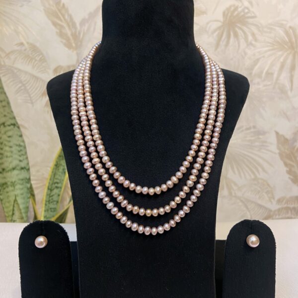 3 Lines Dark Pink Pearl Necklace Set in 5mm Half Round Pearls -1