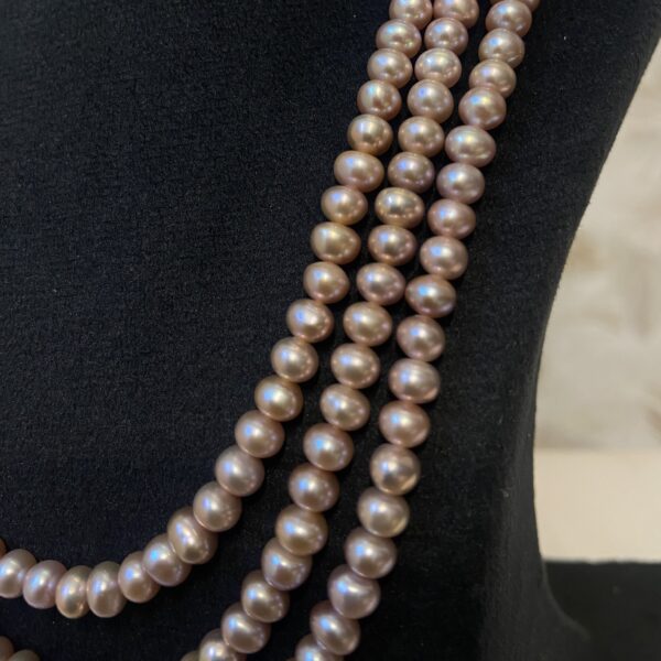 3 Lines Dark Pink Pearl Necklace Set in 5mm Half Round Pearls
