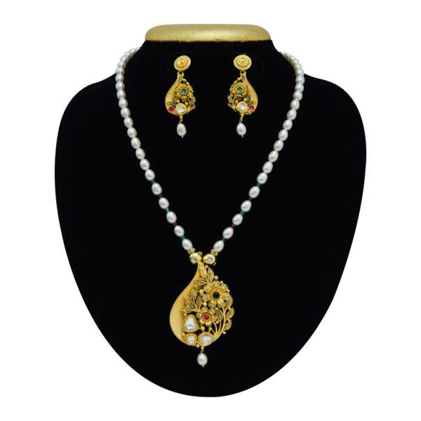Vintage Collection - Kundan Studded Pendant in finest of 6mm long oval pearls