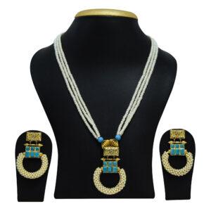 Traditional Polki Set in 3 Lines of Small Half Round Pearls