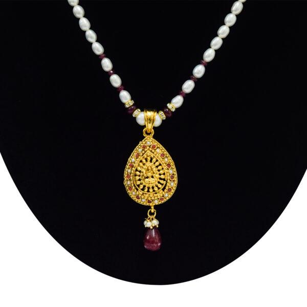 Simple Pearl Necklace Set in Lakshmi Pendant - close up