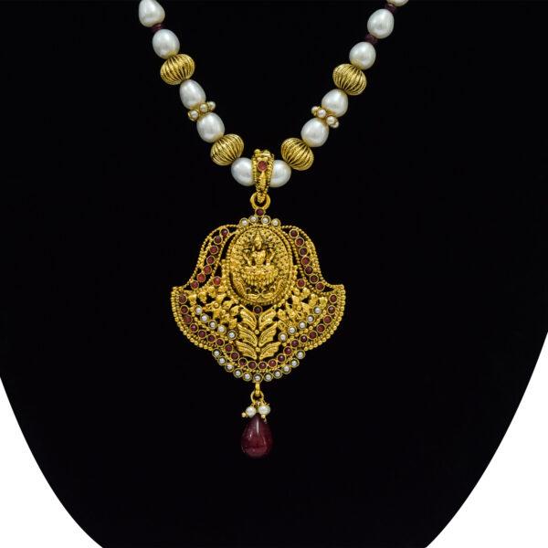 Traditional Temple Pearl Jewellery with Lakshmi Pendant - close up
