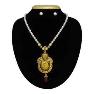 Temple Jewellery in 5mm Round White Pearls with Lakshmi Pendant