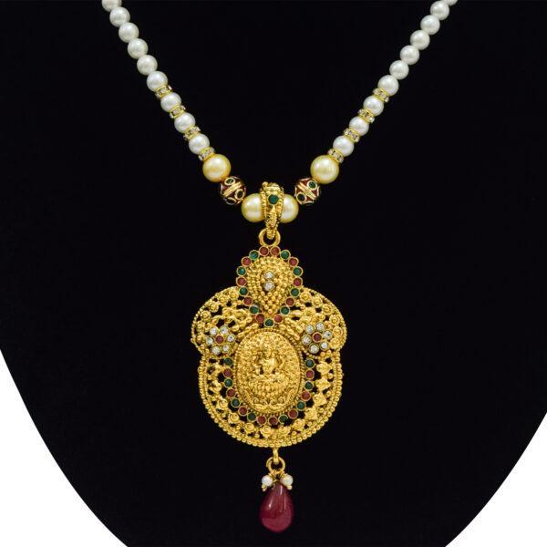 Temple Jewellery in 5mm Round White Pearls with Lakshmi Pendant - close up
