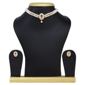 Pearl Choker In Pretty Pink Stone Pendant