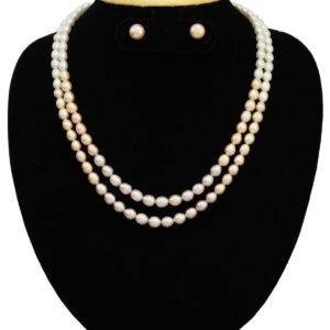 2 Lines Shiny Multi Pink Pearl Necklace Set in 7.5mm Long Oval Pearls