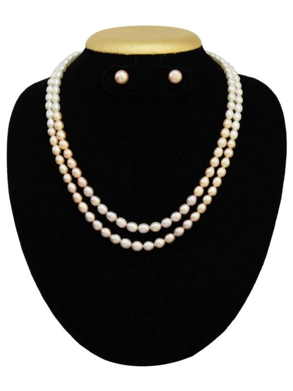 2 Lines Shiny Multi Pink Pearl Necklace Set in 7.5mm Long Oval Pearls