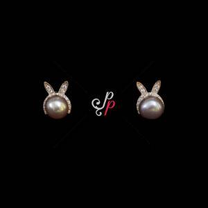 Bunny Shaped Pearl Studs in Lavendar Pearls and Rose Gold Metal