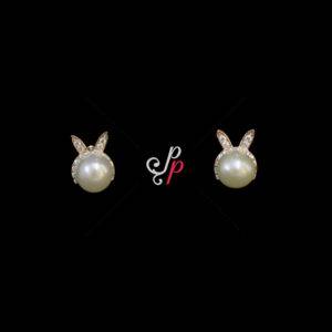 Bunny Shaped Pearl Studs in White Pearls and Rose Gold Metal