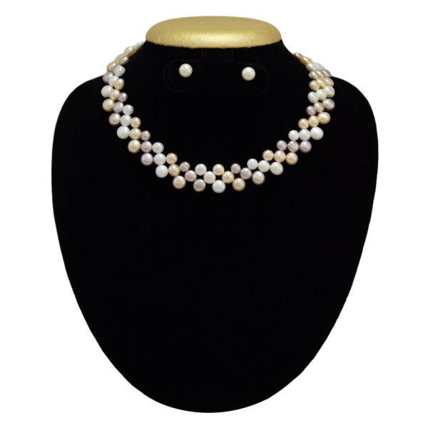 Zig zag button pearl necklace set in white, pink and lavender colours (Small)