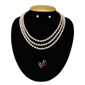 Beautiful 3 Lines Pearl Necklace in 6mm long White Oval Pearls