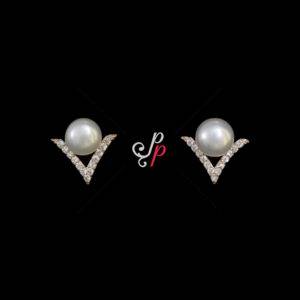 V Shaped Pretty Pearl Studs in White Pearls and Rose Gold Metal