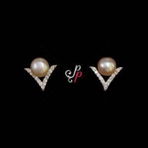 V Shaped Pretty Pearl Studs in Pink Pearls and Rose Gold Metal