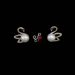 Swan Shaped Pretty Pearl Studs in White Pearls and Rose Gold Metal