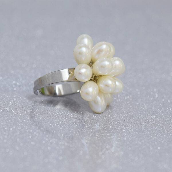 Stylish Adjustable Pearl Bunch Finger Ring in White Pearls