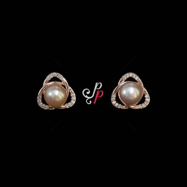 Cute Triangle Shaped Pink Pearl Studs in Rose Gold Metal