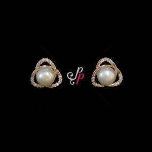 Cute Triangle Shaped White Pearl Studs in Rose Gold Metal
