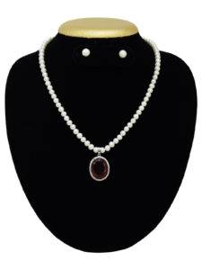 Pearl Necklace Set in Sterling Silver Royal Maroon Pendant