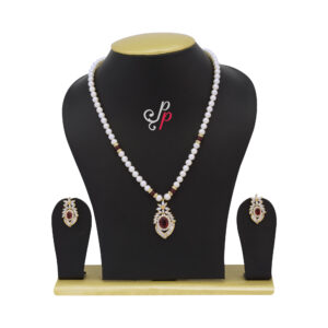 5mm Round Pearl Necklace Set in red stone pendant