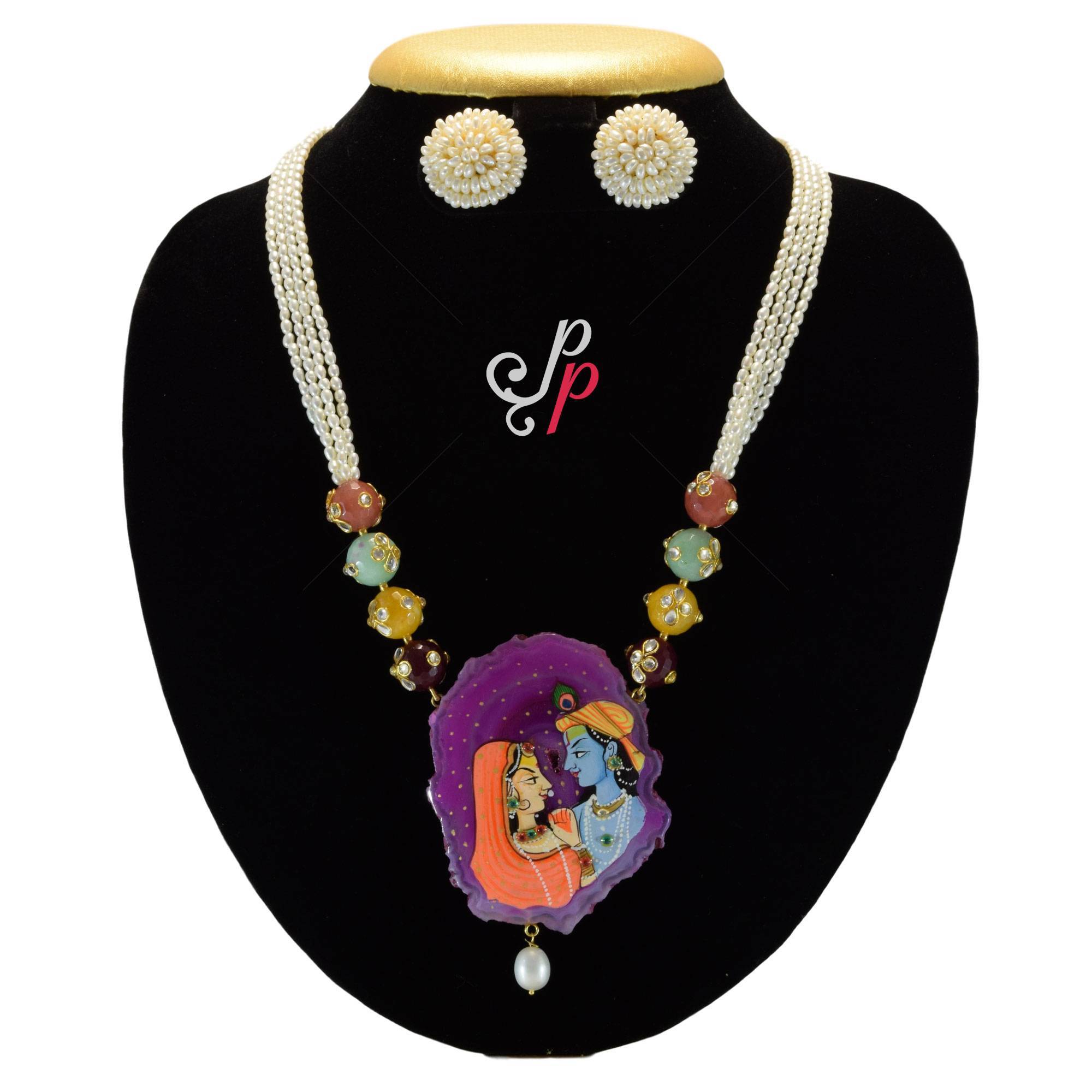 Radha Krishna Painted Stone Pendant