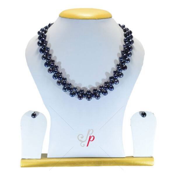 Shiny Zig Zag Deep Blue Button Pearl Necklace Set