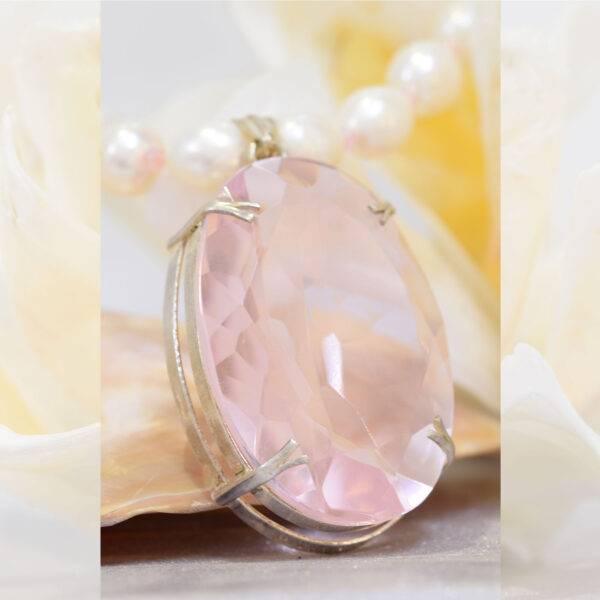 Luxurious Pearl Set in Large Rose Quartz Pendant in Sterling Silver