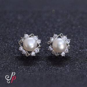 White pearl Studs with Beautiful American Diamonds