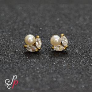 Cute Pearl Studs in leaf like Zircon Stones