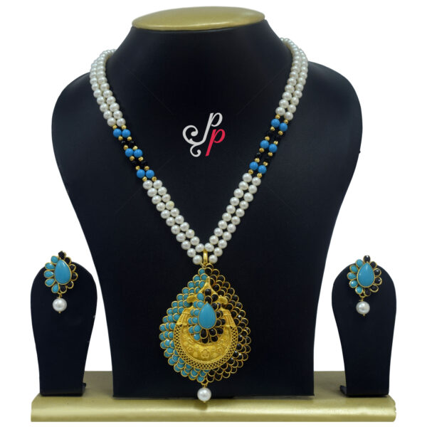 2 Lines Pearl Necklace Set in Pachi Work Pendant