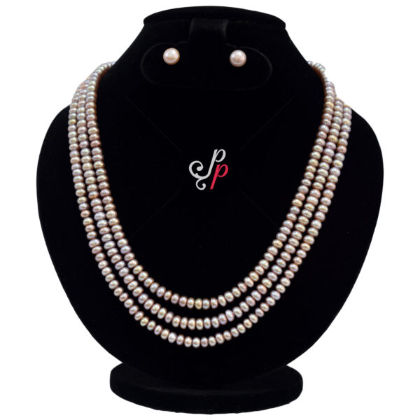 3 Lines Dark Pink Pearl Necklace Set in 5mm Half Round Pearls