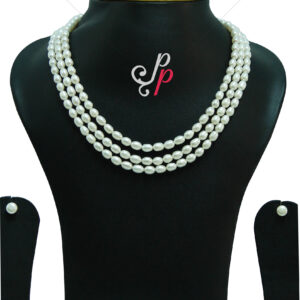 5mm - White Oval - AAA - 3 Lines White Oval Pearl Necklace Set from Hyderabad