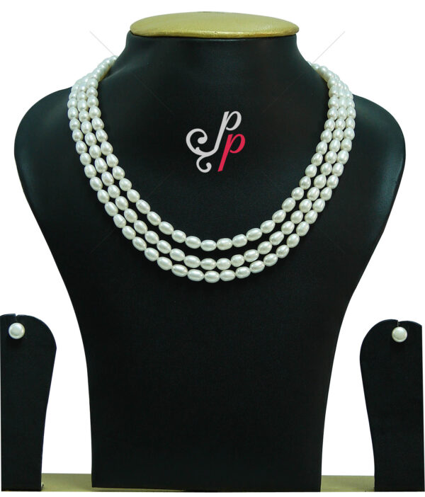 5mm - White Oval - AAA - 3 Lines White Oval Pearl Necklace Set from Hyderabad