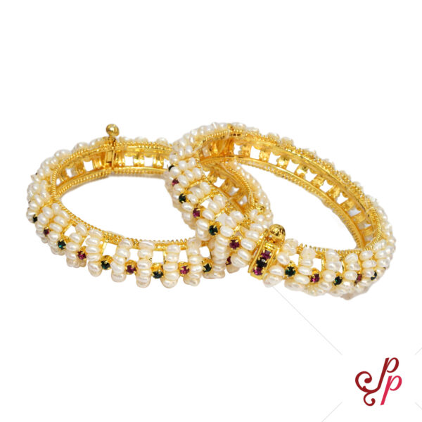 Bold and Traditional Seed Pearl Bangles in Red and Green Stones