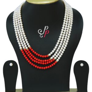 Elegant 4 line pearl necklace set in corals
