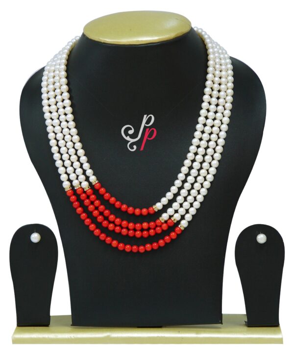 Elegant 4 line pearl necklace set in corals
