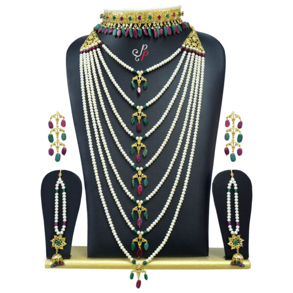 Full Nizam bridal set - 7 Step Pearl Set and Choker in Semi Precious Emeralds and Rubies
