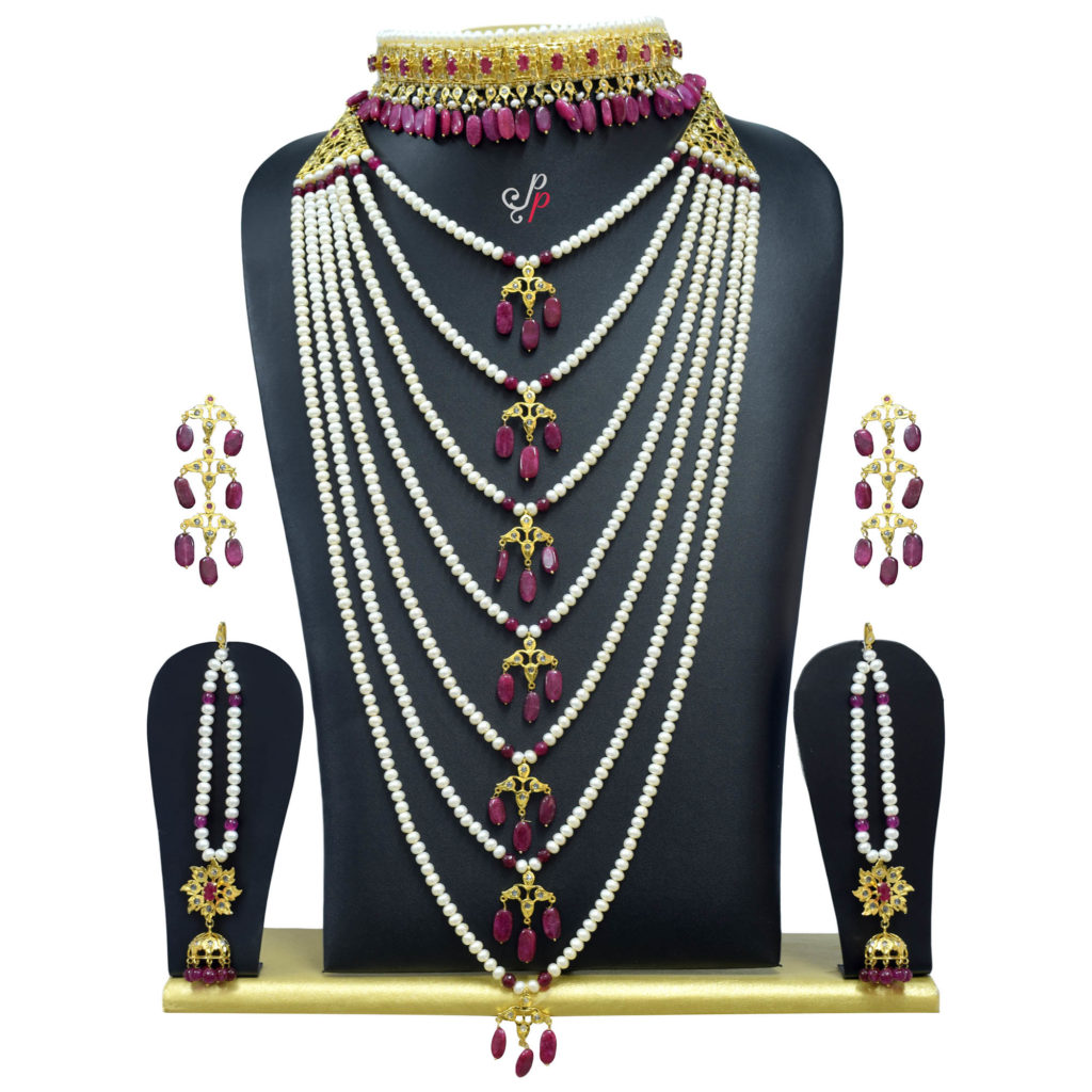 Full Nizam bridal set - 7 Step Pearl Set and Choker in Semi Precious Rubies