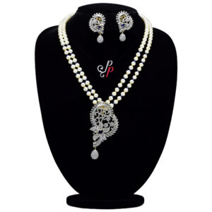 Gorgeous 2 Lines Pearl Necklace Set in Stylish and Glittering Pendant