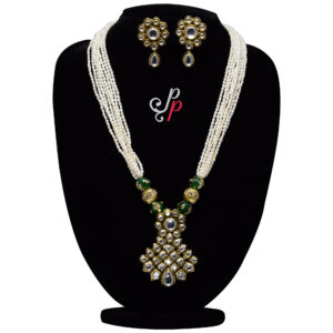 Grand Pearl Necklace Set in Smallest Rice Pearls and Kundan Pendant