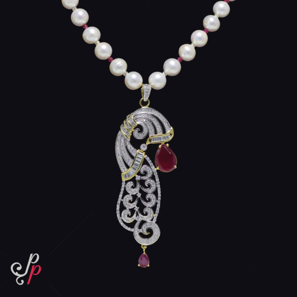 Magnificent and Bold Pearl Necklace Set in Long Ruby Pendant