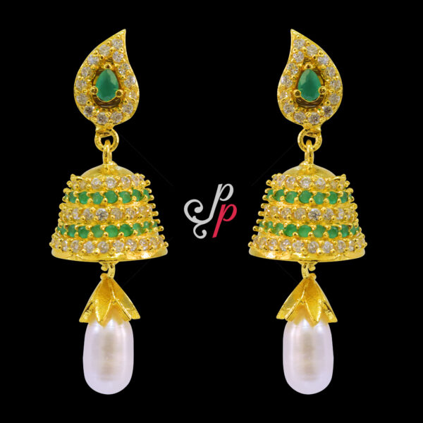 Pearl Jhumkas with pearl drops and semi-precious emeralds