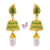 Pearl Jhumkas with pearl drops and semi-precious emeralds